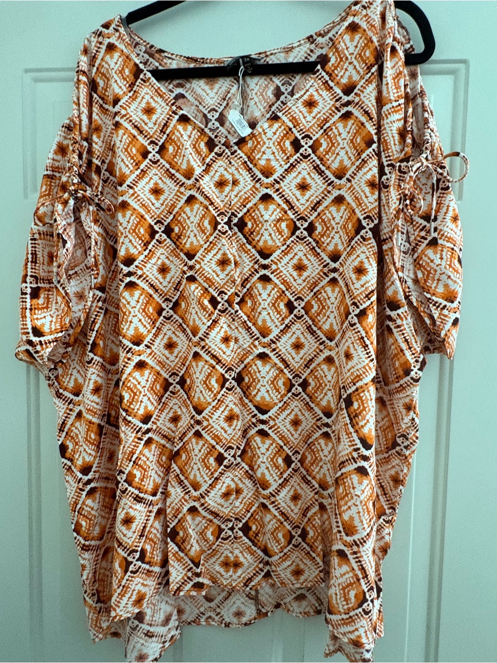 Allison Brittney Orange Geometric Cold-Shoulder Tunic